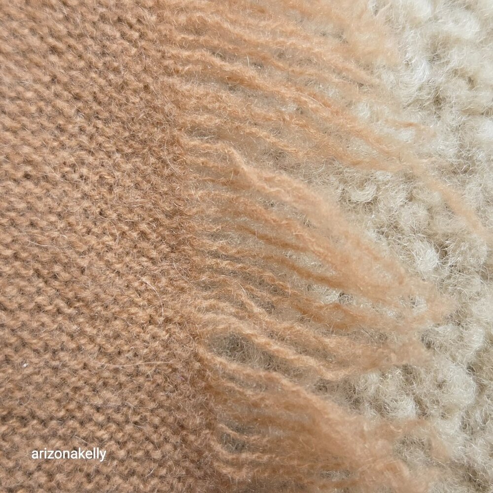 NWOT Tan Cashmere Knit Oblong Scarf with Fringe and Asymmetrical Ends - Picture 5 of 15